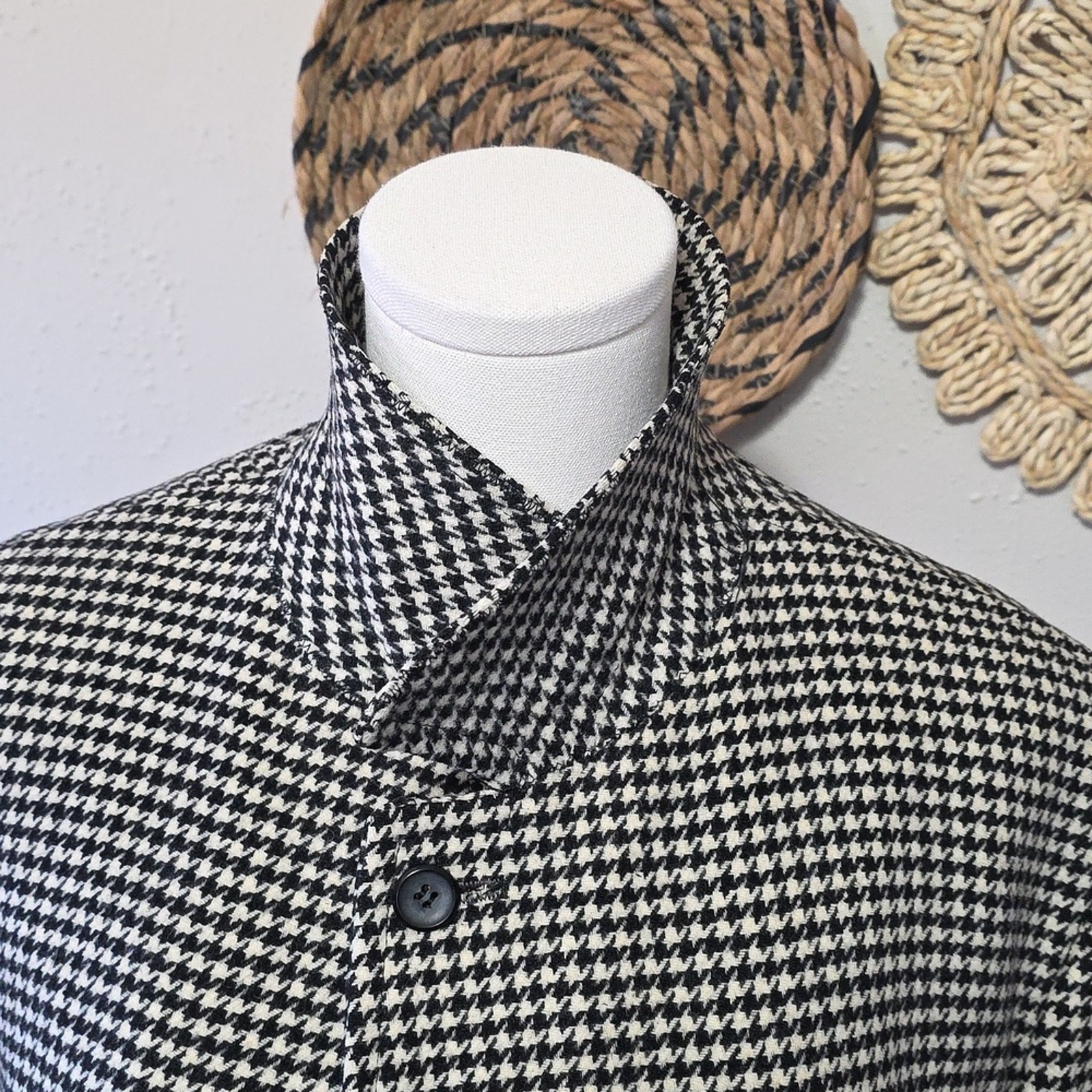 Vtg Penney’s Gentry Black & White Houndstooth Wool Maxi Coat Men’s XL Unisex