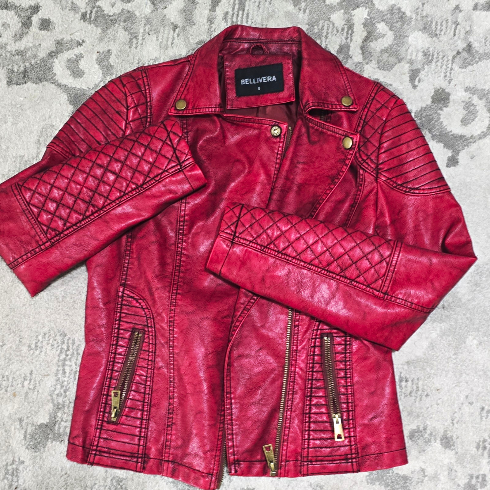 Bellivera Women’s Red Quilted Biker Jacket Zip Front Lined, Size S