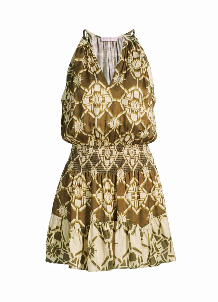 Ramy Brook Olive Ivory Geometric V-Neck Sleeveless Smocked Ruffle Mini Dress M