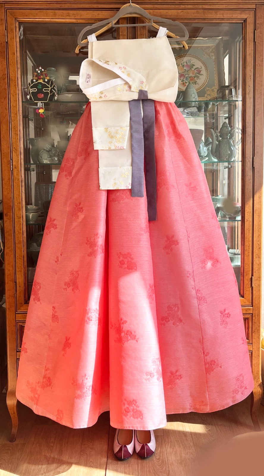 Korean Traditional Dress Hanbok Set-Ivory Jacket & Orange Skirt Bag & Petticoat