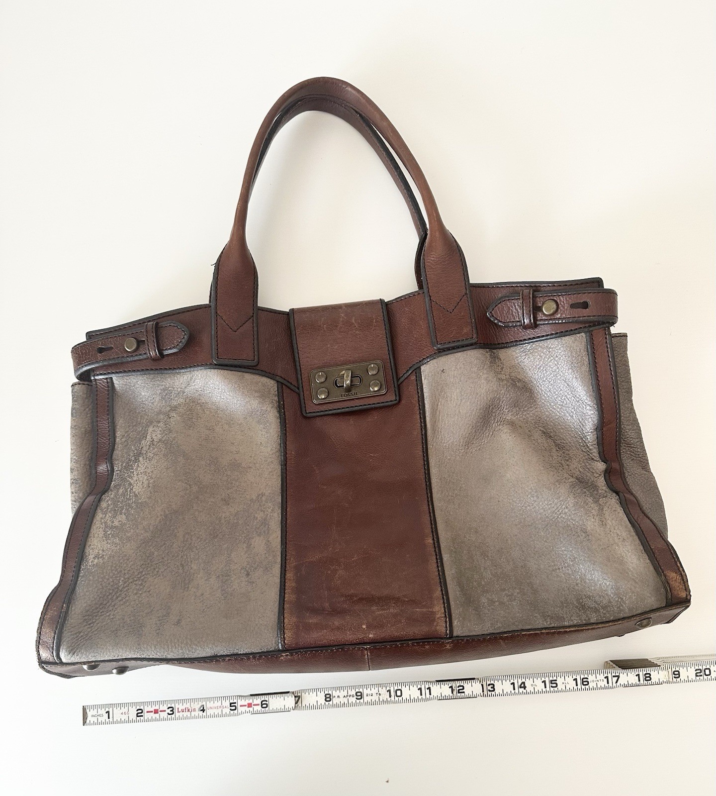 Fossil Colorblock Tote Bag Brown Gray Turn Lock Large Bottom Studs Inner Pockets