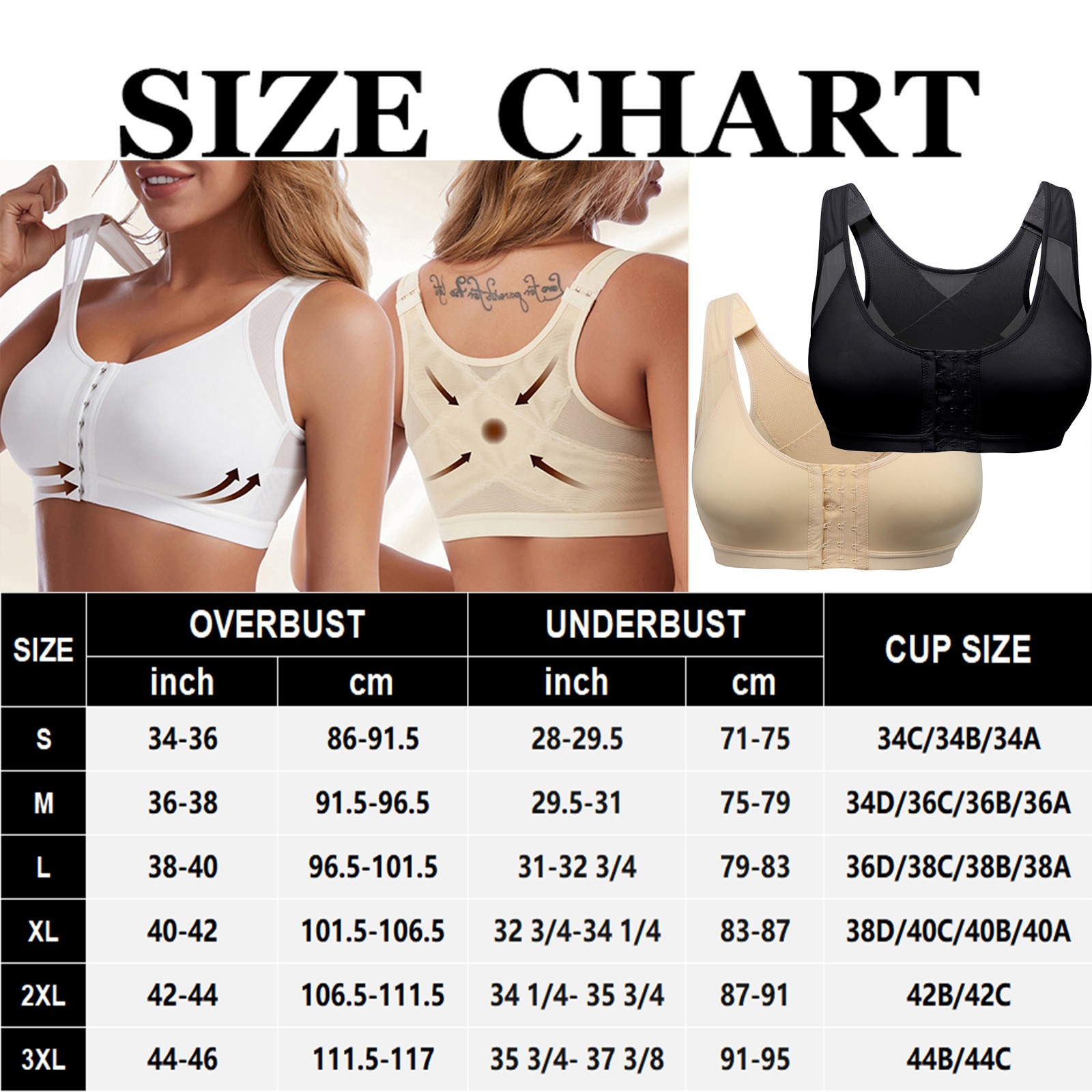 Women’s Front Closure Posture Wireless Back Support Full Coverage Bra Wide Strap