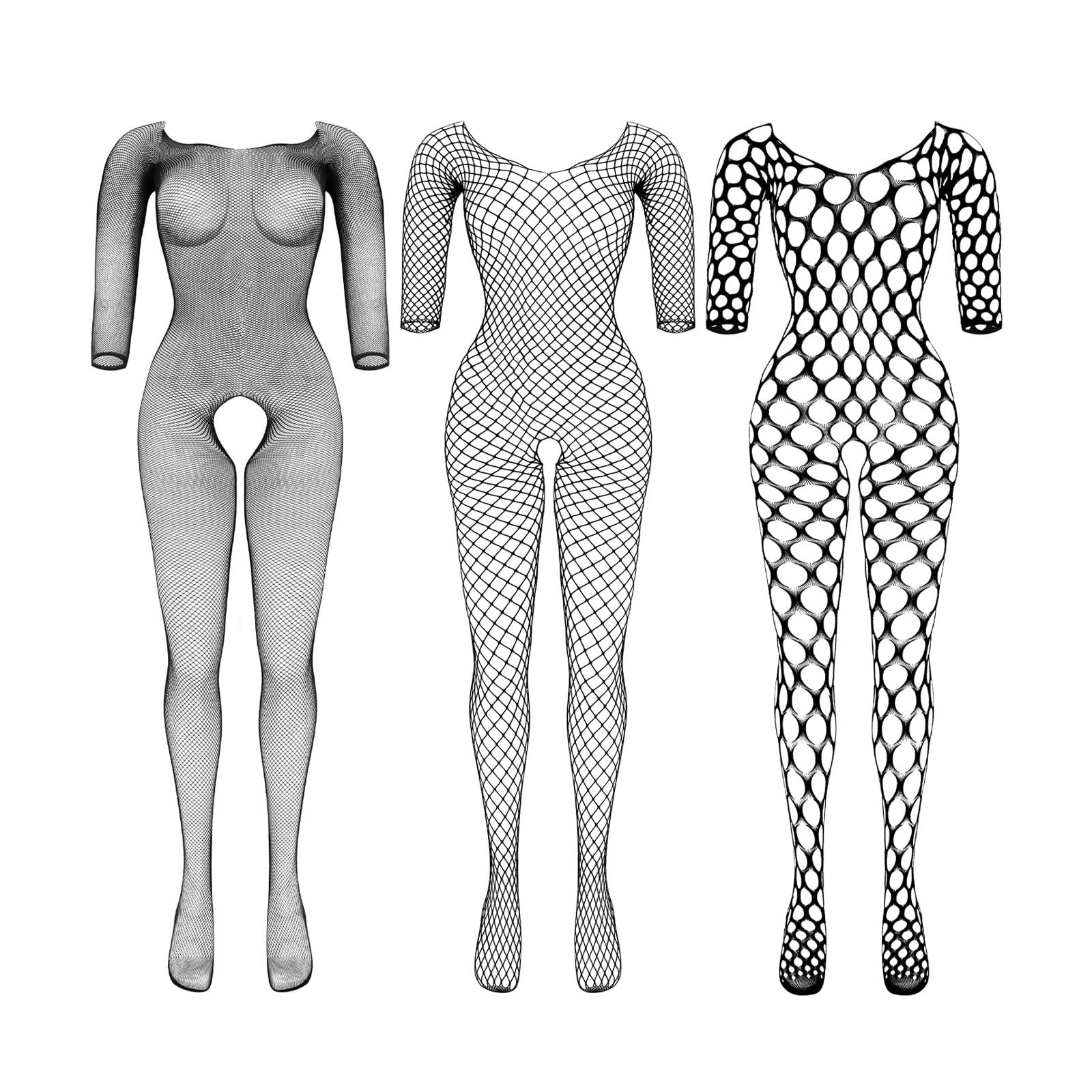 3 Packs Women Fishnet Bodysuits Mesh Bodystocking Fishnet Lingerie Long Sleeve B