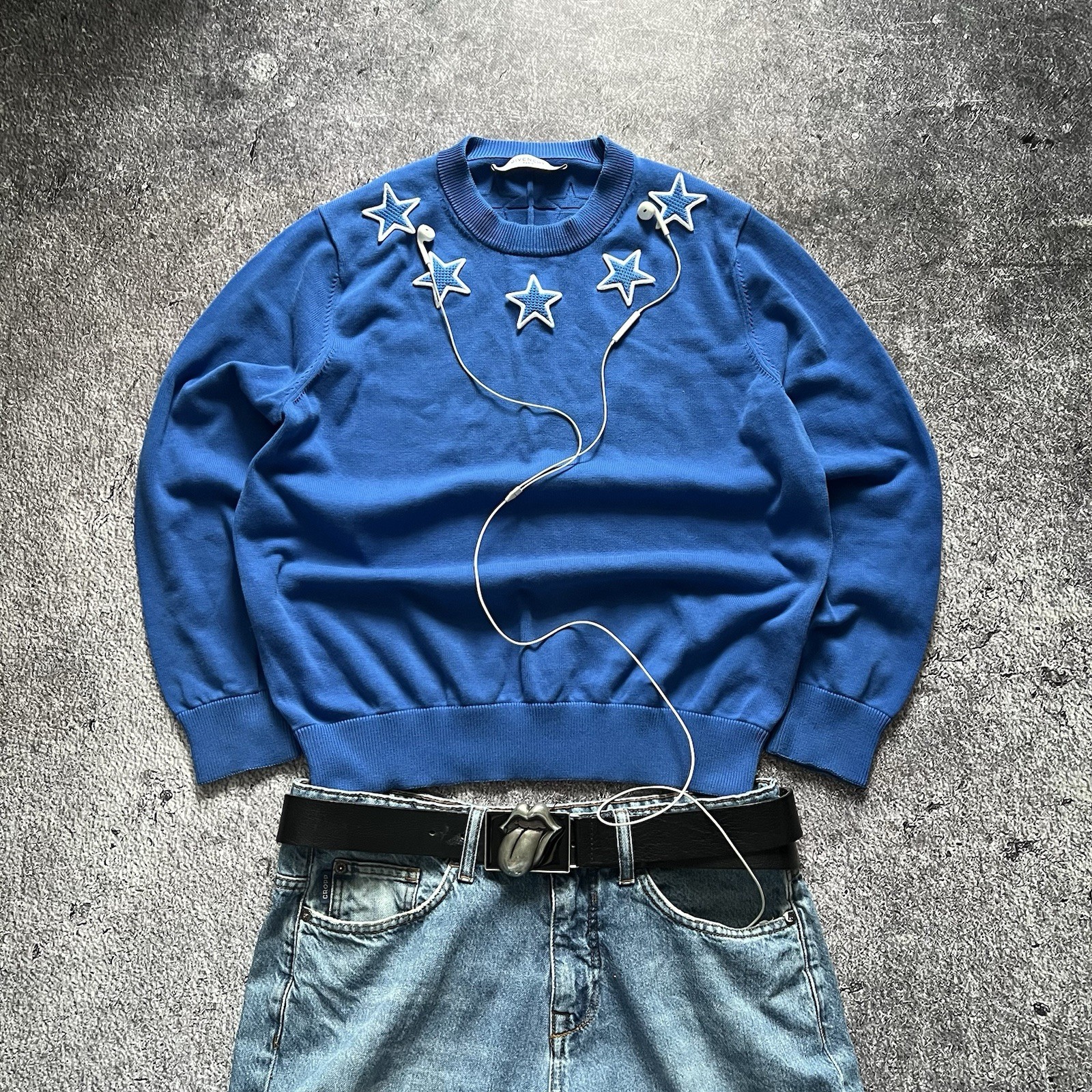 Givenchy Paris Blue Sweater Men Star Patch Crew Neck Knitwear Jumper Size L