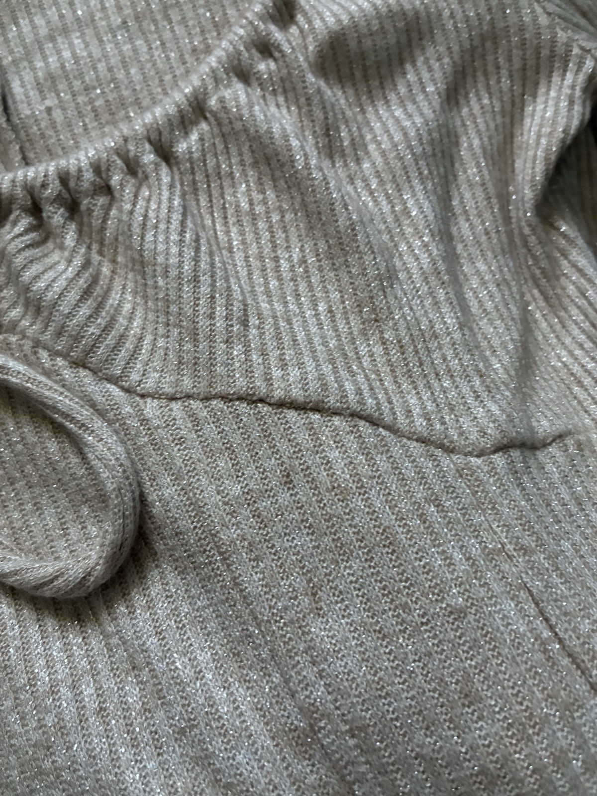 Beige Solid Ribbed Knit A-Line Dress S Scoop Neck Long Sleeve Tie Accent