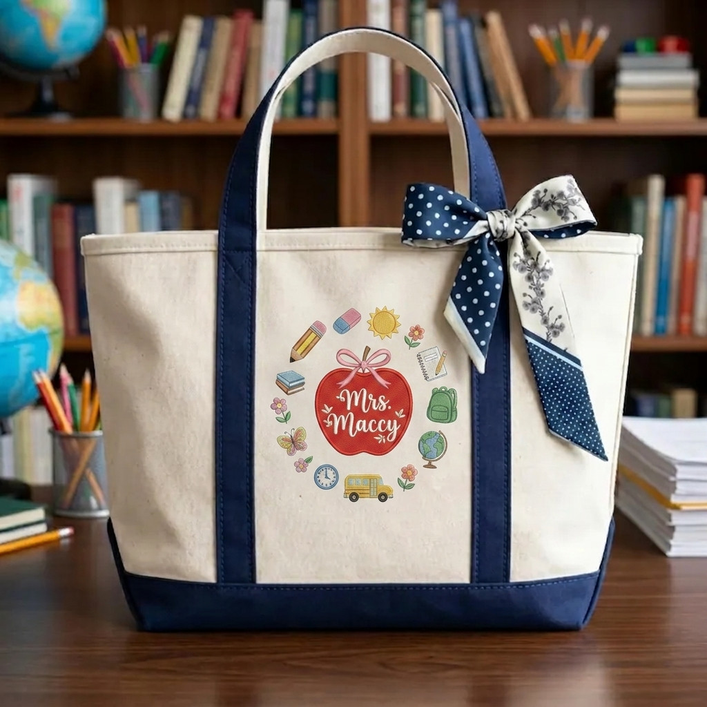 Personalized Teacher Student Tote Bag Custom Name Embroidered Canvas Gift Bag