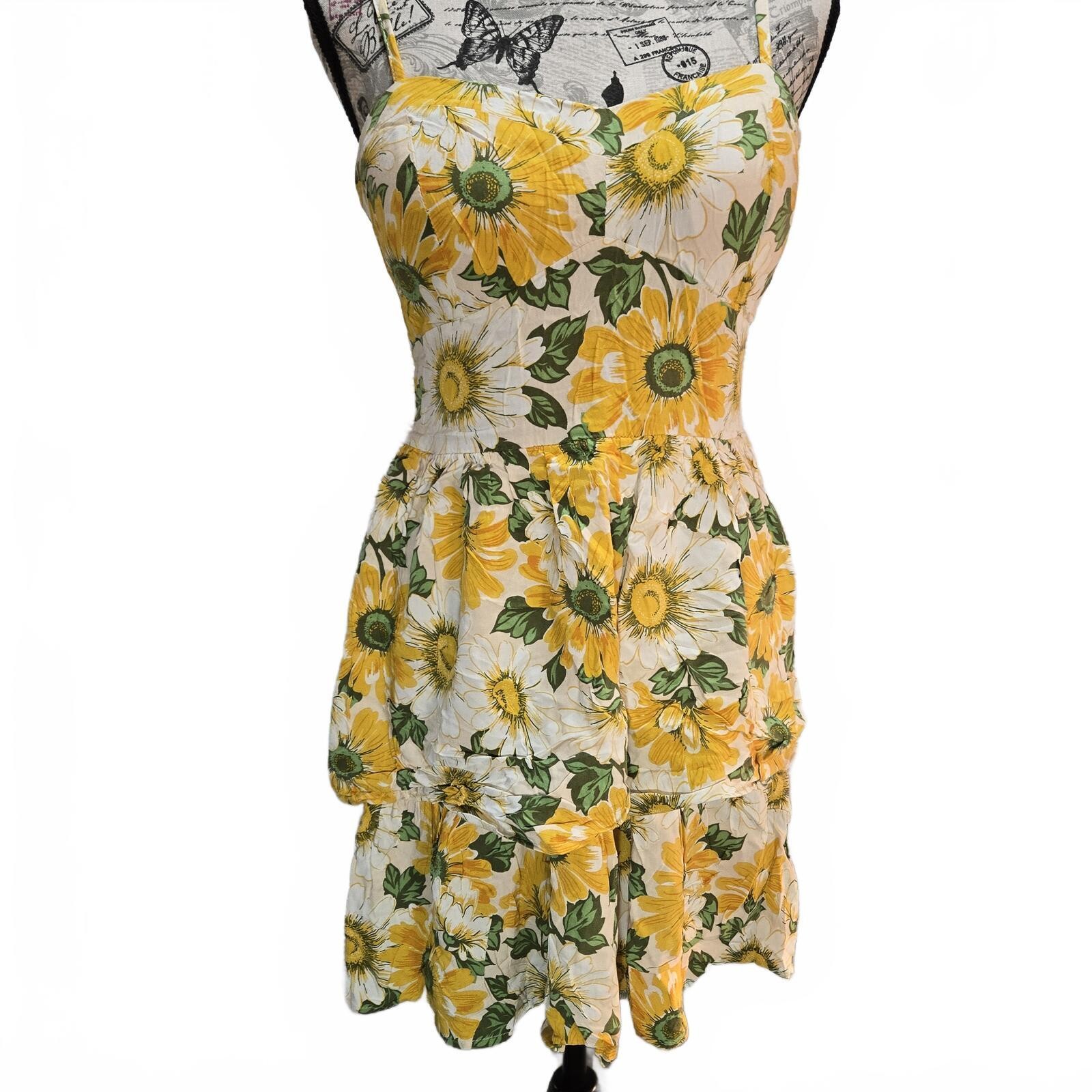 A.U.W. Sunflower Tiered Mini Dress Large Yellow Boho Cottagecore Sun Dress L
