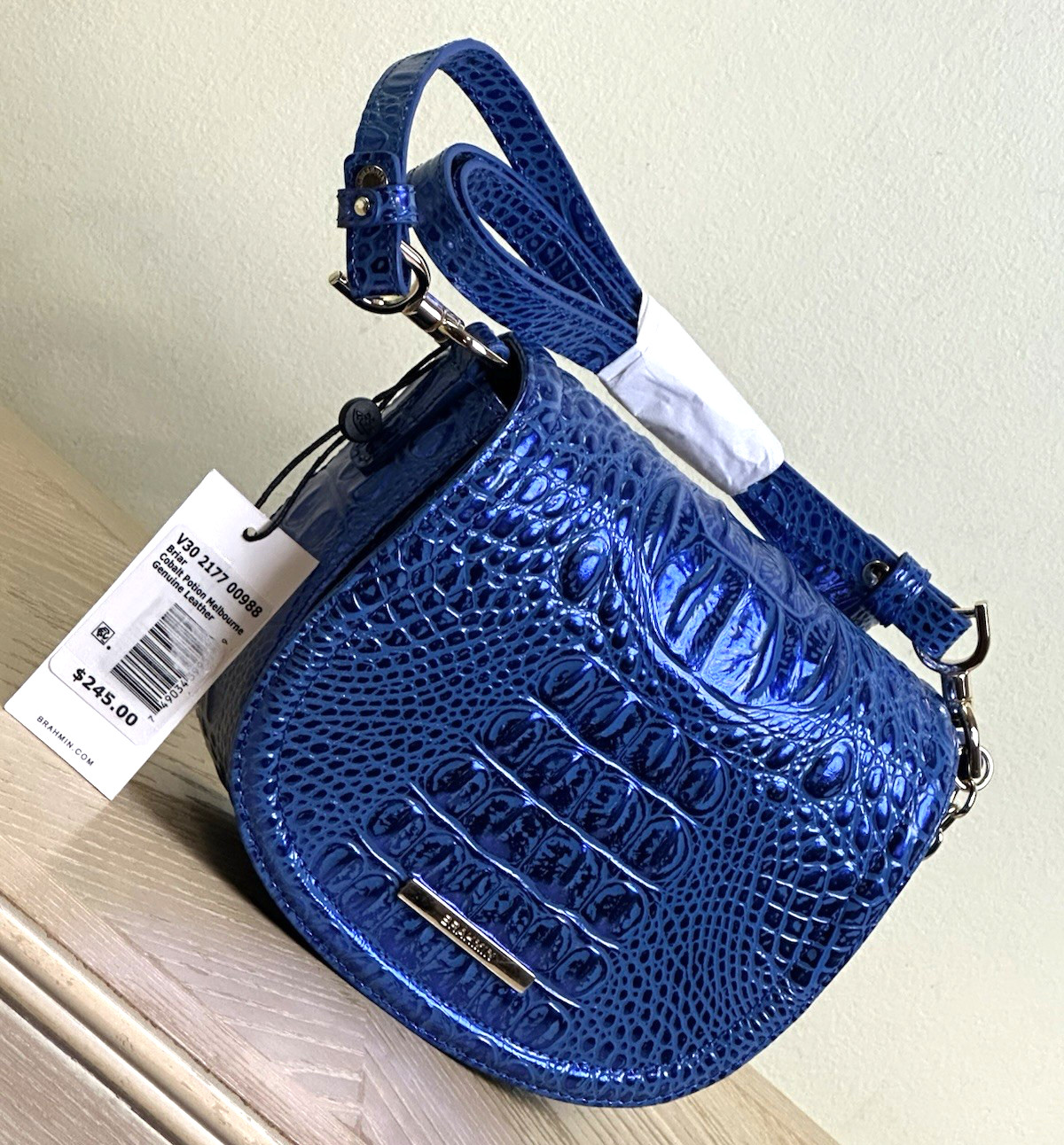 NWT BRAHMIN BRIAR COBALT POTION BLUE METALLIC LEATHER CROSSBODY SMALL HANDBAG