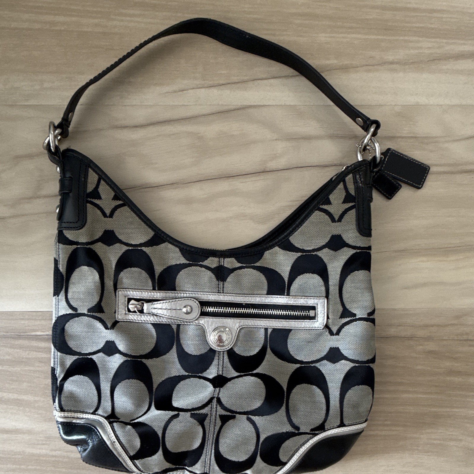 Coach Signature Logo Crescent Shoulder Bag Zip Silver Hardware Charm Pockets