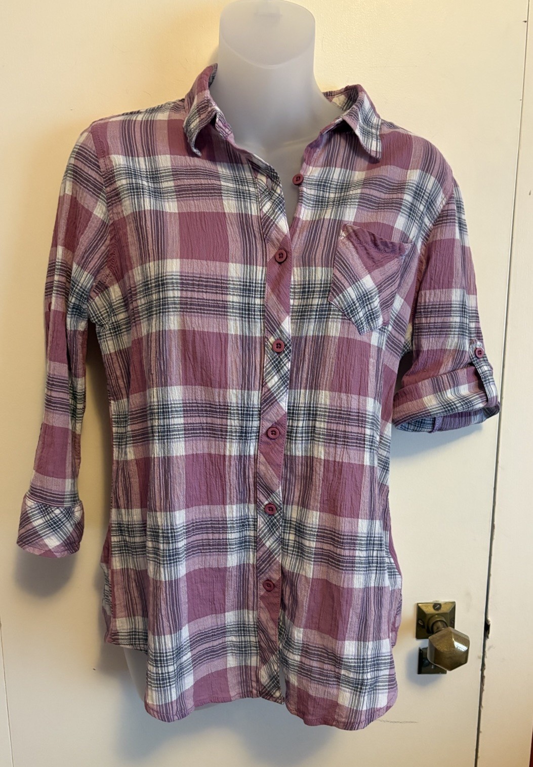 North River Junior Sz Large Button Up Shirt Purple Plaid, roll tab 3/4 sleeve