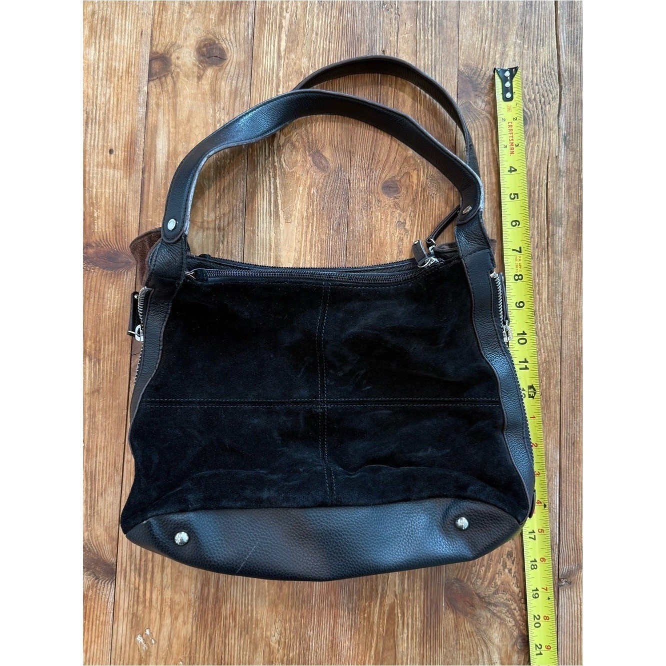 Tignanello Y2K Black Brown Zipper Suede Leather Hobo Womens Shoulder Handbag EUC