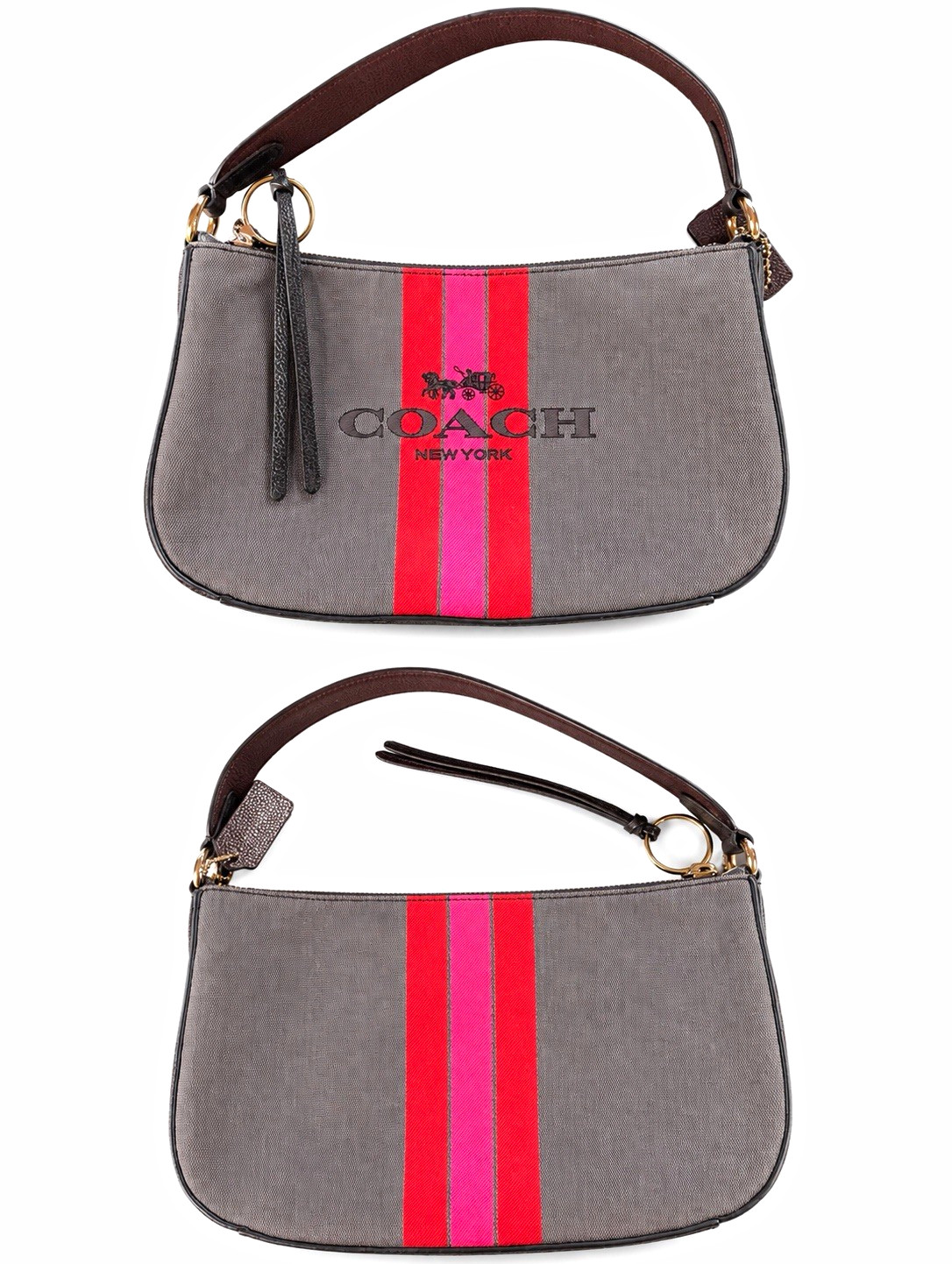 Coach Logo Stripe Gray Shoulder Bag Zip Gold Hardware, Detachable Strap