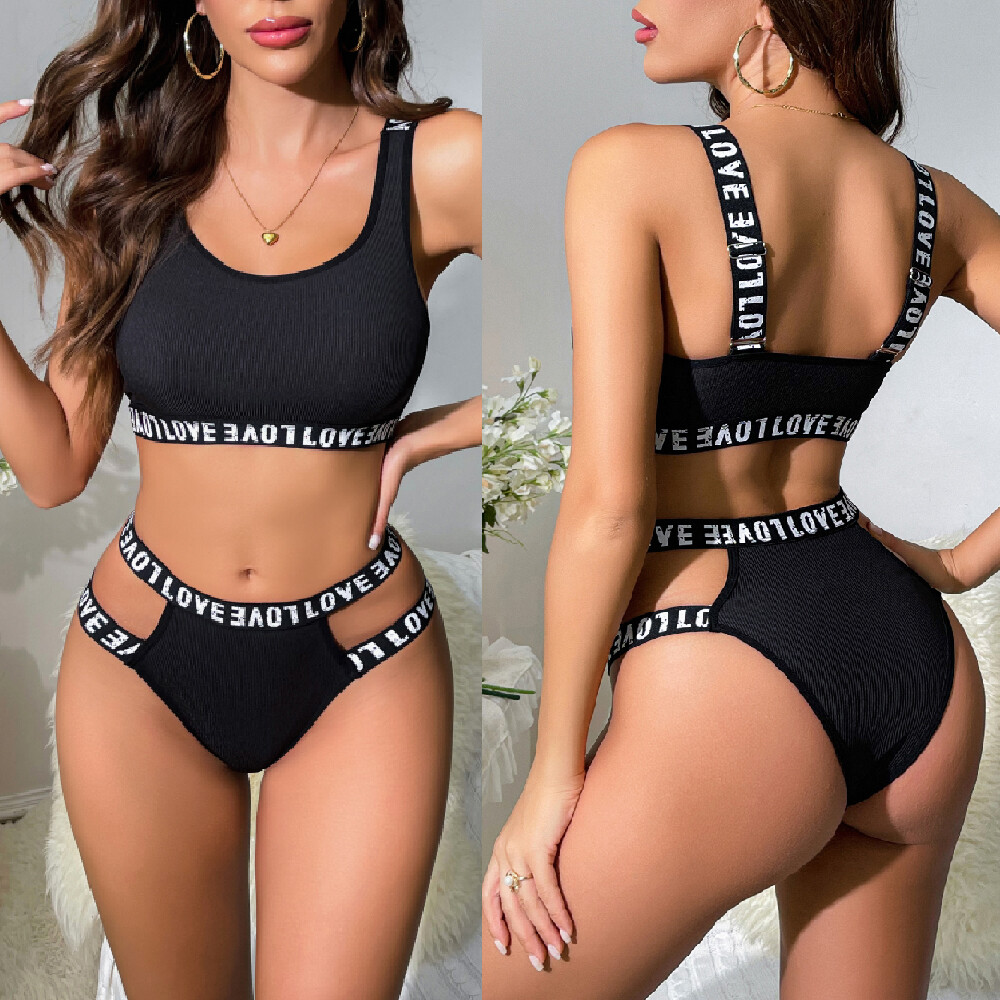 Women’s Letter Print Belted Halter Bra and Panty 2 Piece Sexy Lingerie Set