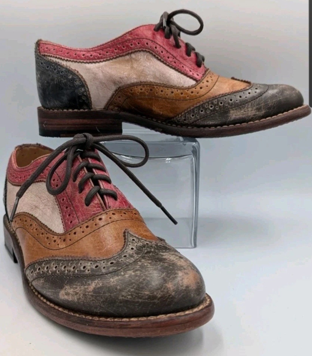 Bed Stu Lita Bench Made Leather Wingtip Brouge Red/Blue/Tan Oxford Size 7.5 (B23