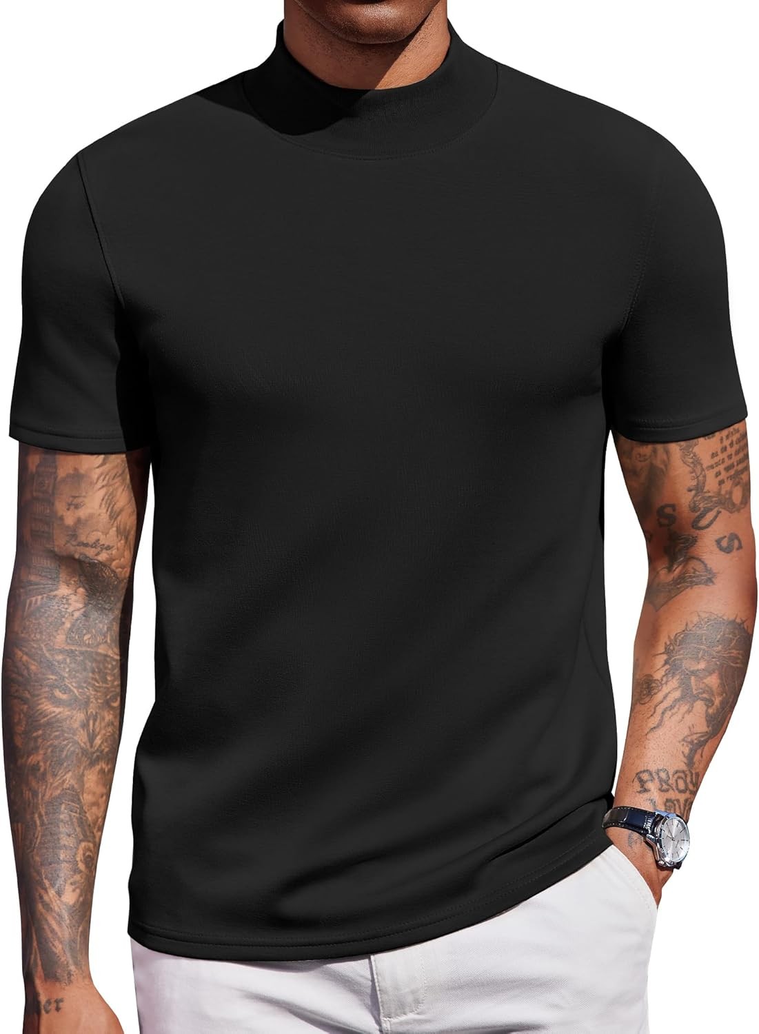 Men’s Short Sleeve Mock Turtleneck Top Stretch Skin-Friendly Casual Sweater