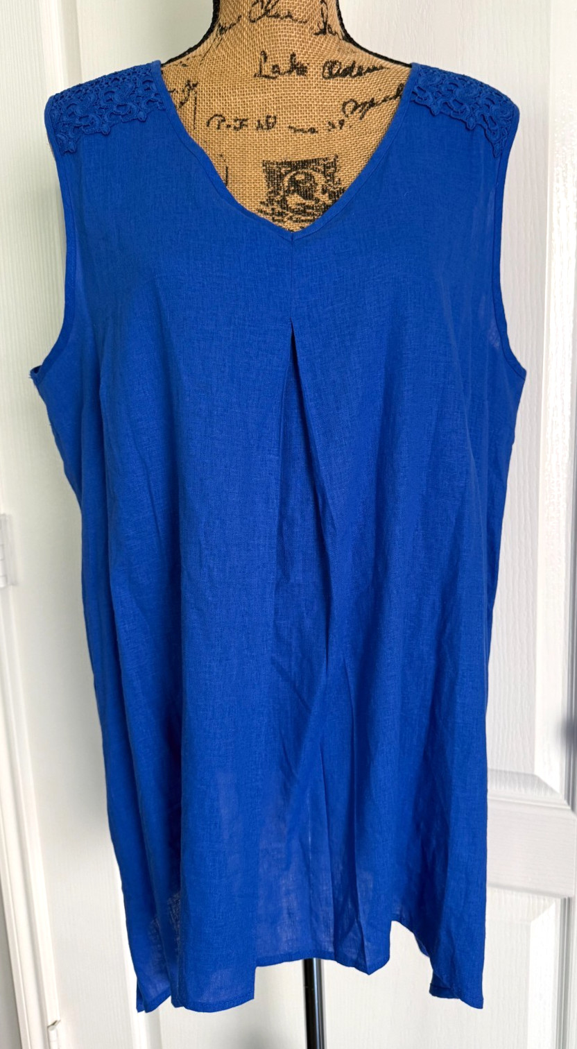 Counterparts Tunic Top Sleeveless V-Neck Royal Blue Embroidered Linen Blend XL