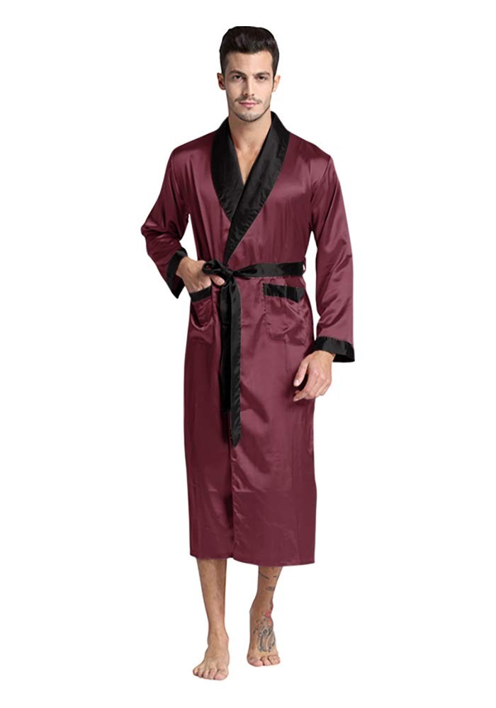Regency New York Mens Silky Satin Robe Large, Burgundy Black Collar