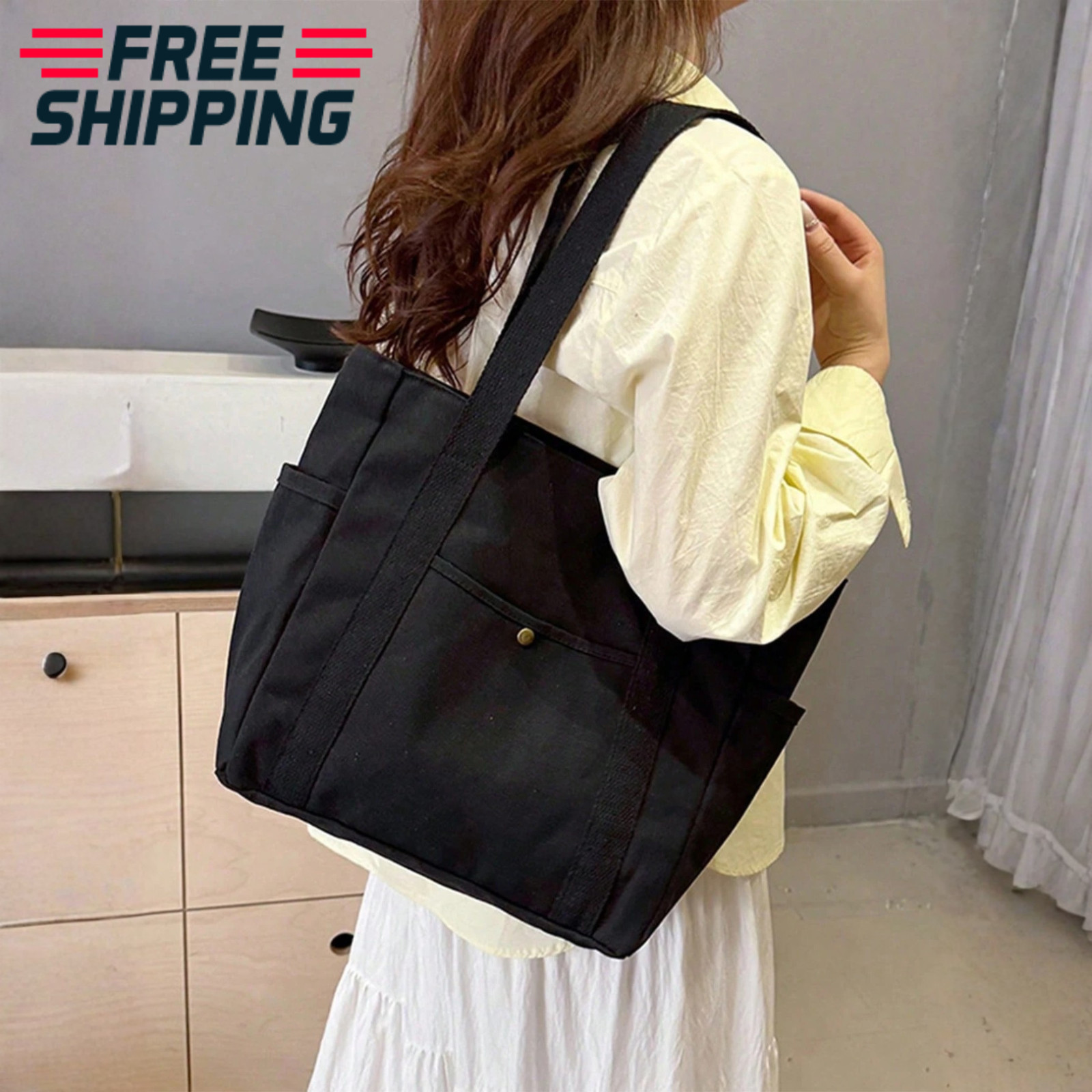 Large Capacity Canvas Tote Bag Multi-Pocket Shoulder Bag Portable Women Handbag