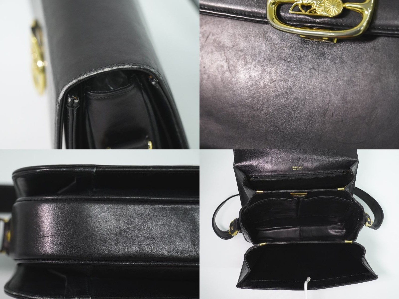 CELINE Horse Carriage Hardware Leather Shoulder Bag Black Gold