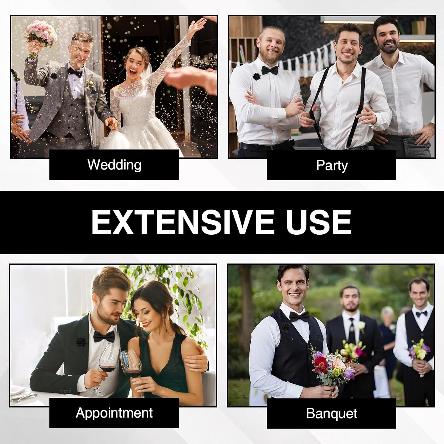 4PCS Black Bowties Men Kit, Pre-tied Corbatines para Hombres Elegantes, Bowtie a