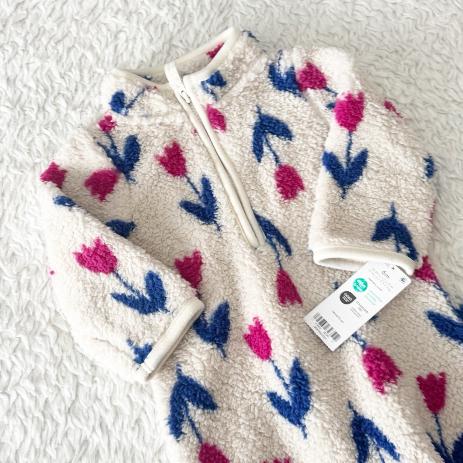 Carter’s Sherpa Floral Zip Coverall One-Piece 6M Ivory Pink Blue Polyester