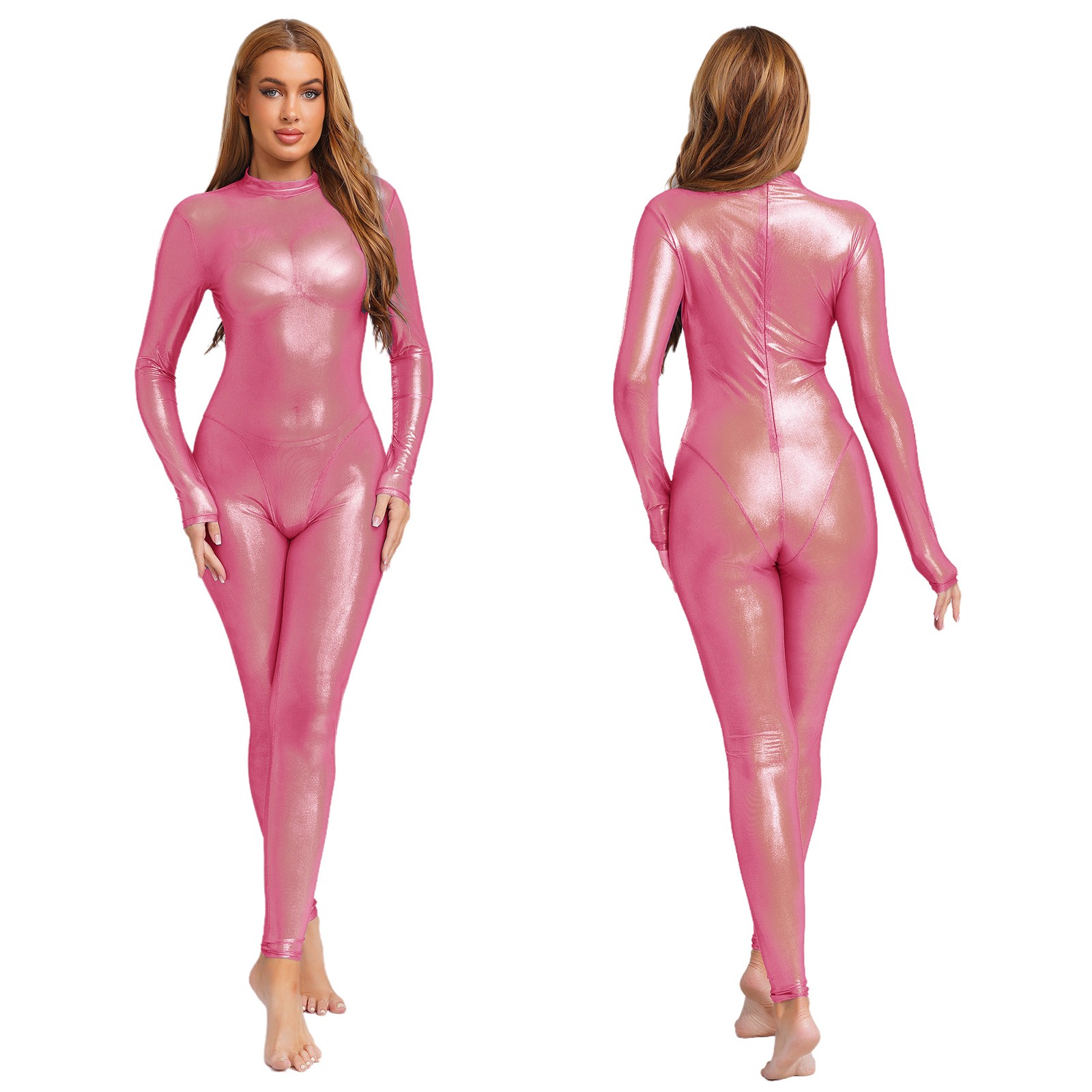 Womens Bodystockings Tempting Catsuit Back Zipper Bodysuit Shiny Clubwear Disco
