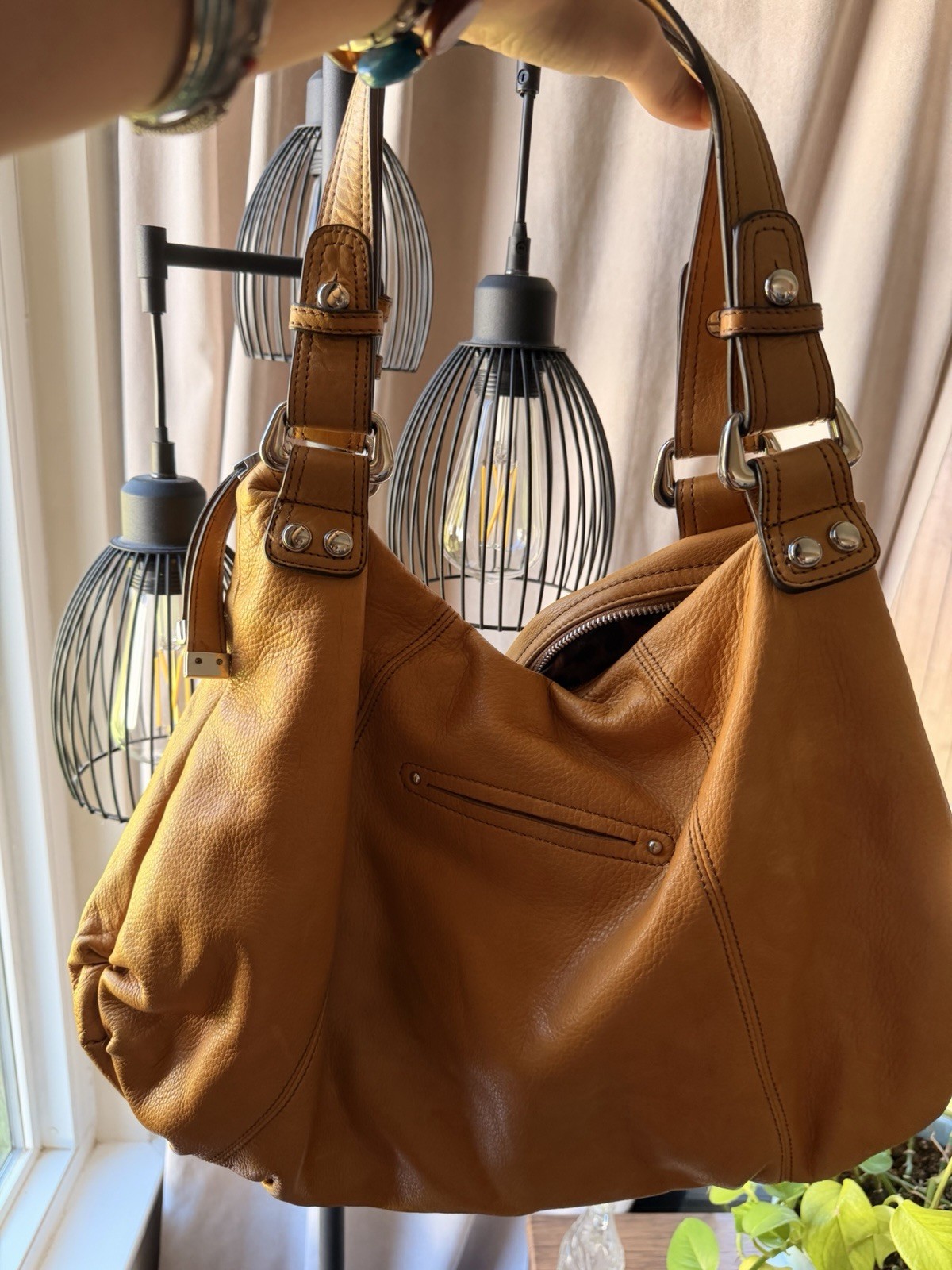 B. Makowsky Tan Shoulder Bag, Zip Closure, Inner/Outer Pockets, Silver Hardware