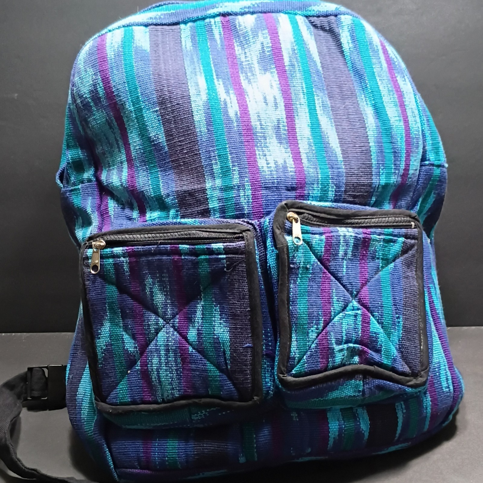 Colorful Striped Backpack Zip Closure w/ Pockets Blue Teal Purple Black
