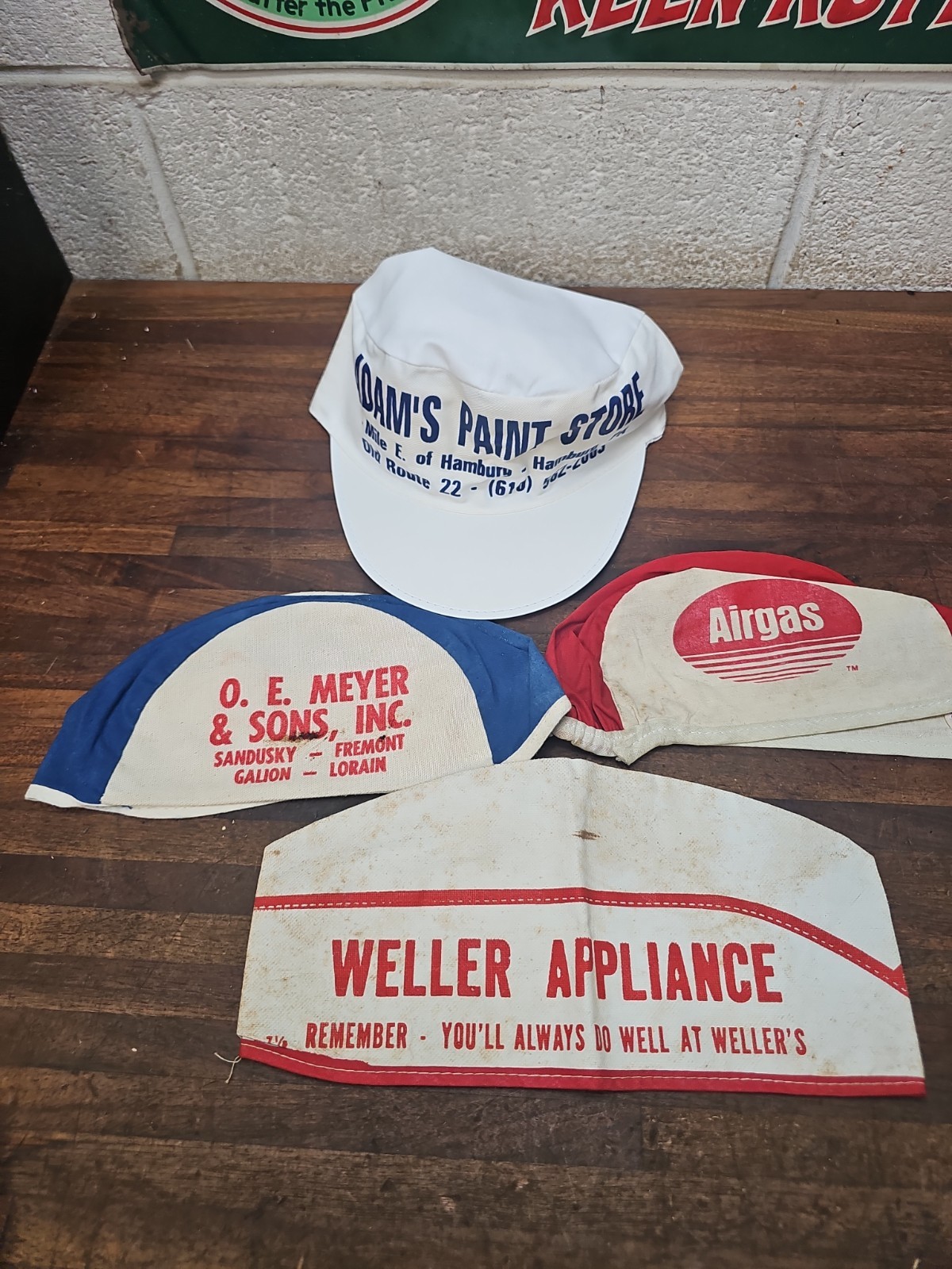 B84- 3 Vintage Welding welder’s Skull Caps + Adam’s Paint Store Painter Hat
