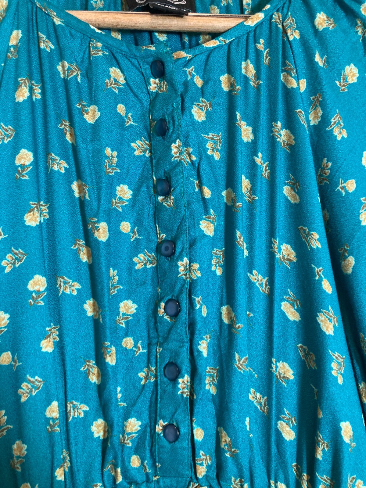 Angie Boho Dress Womens Medium Dark Teal Ditsy Floral Balloon Sleeve Hippie