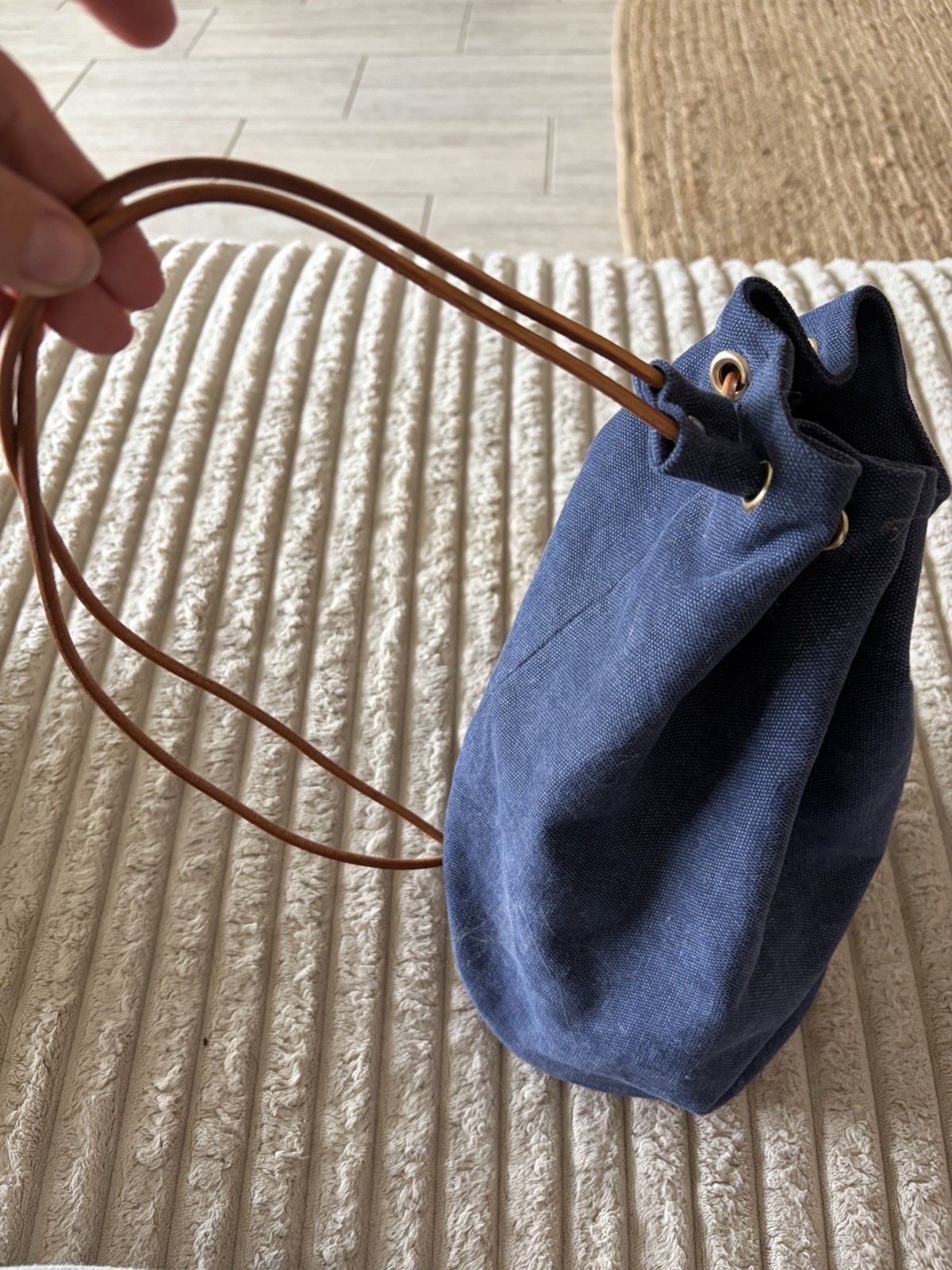 Quaker Marine Supply Blue Bucket Drawstring Bag Brown Leather Strap Gold HW