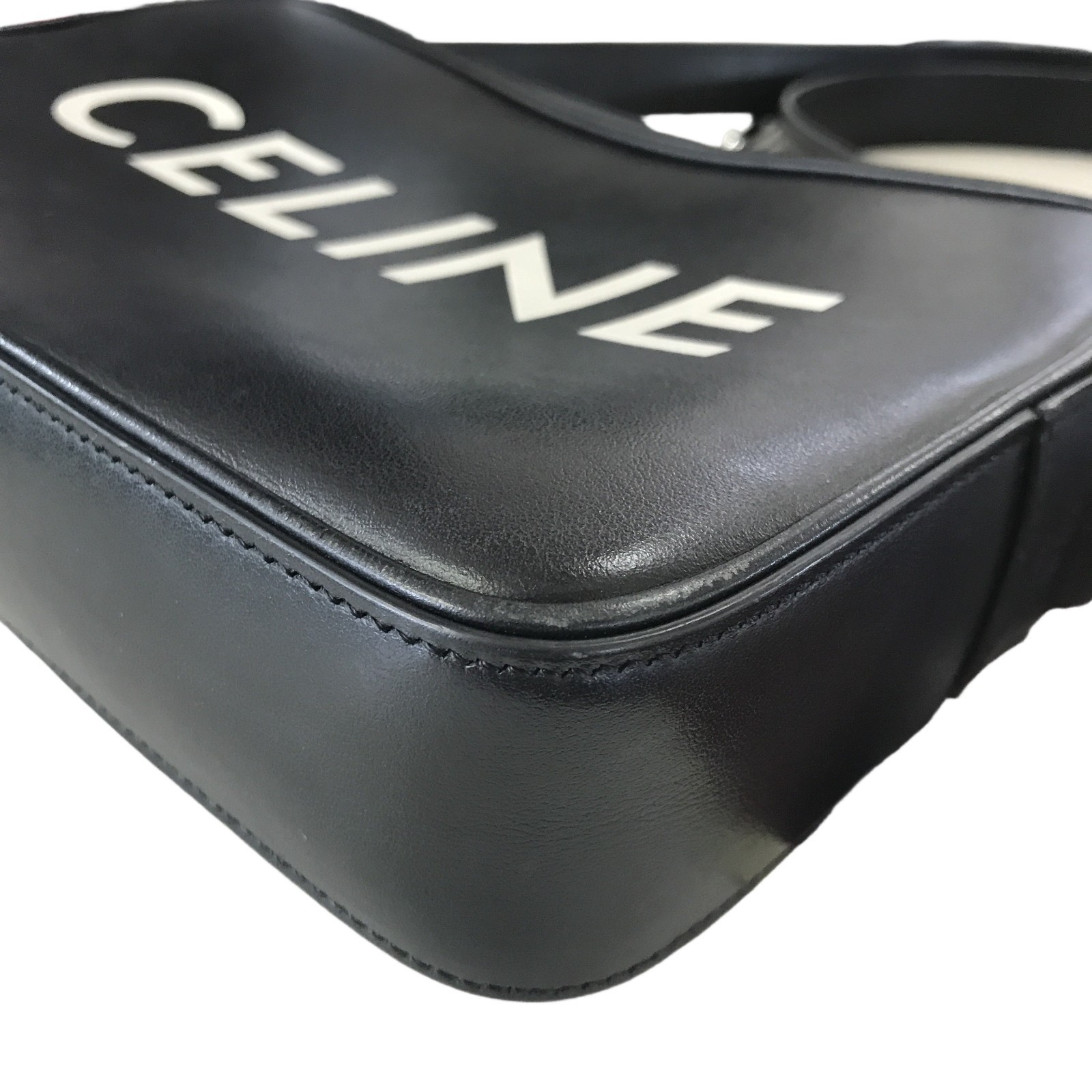 CELINE Logo Medium Messenger Shoulder Bag Black Leather Crossbody Auth 11456780