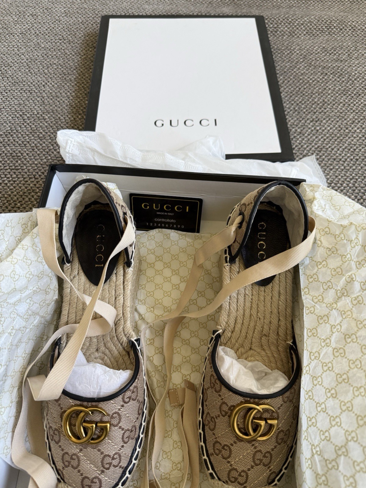 Gucci GG Marmont Canvas Ankle-Tie Platform Espadrille Wedges Size 39 / US 8.5