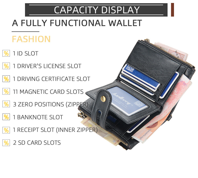 Mens Wallet Genuine Leather RFID Bifold with Chain and Double Zipper Coin Pocket
