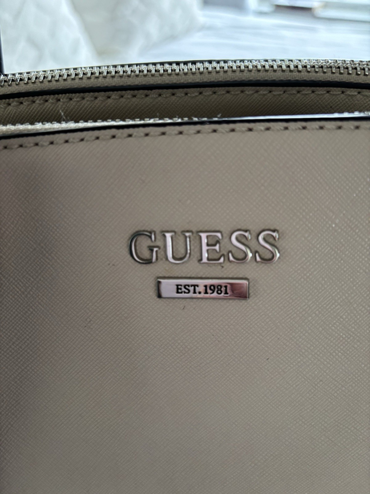 GUESS Beige Double Zip Satchel Top Handle Bag w/ Detachable Strap, Pockets