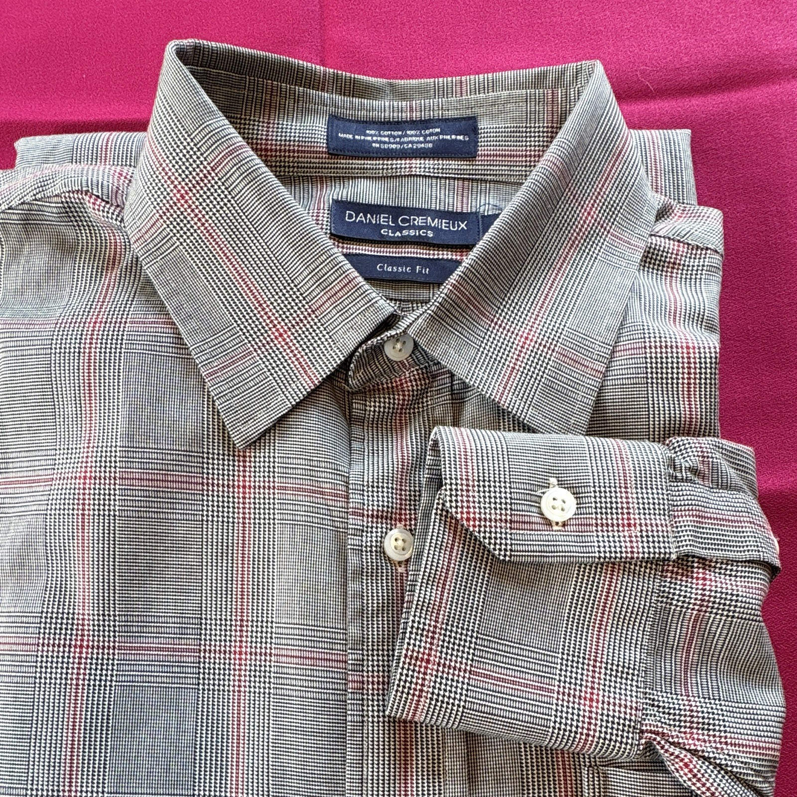 Daniel Cremieux Classics Classic Fit 100% Cotton Plaid Dress Shirt Gray Red L/G