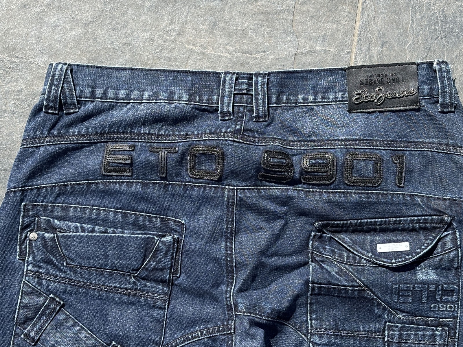 Retro ETO 9901 Mens Jeans 38L Blue Denim Streetwear Utility Cargo Distressed Y2K