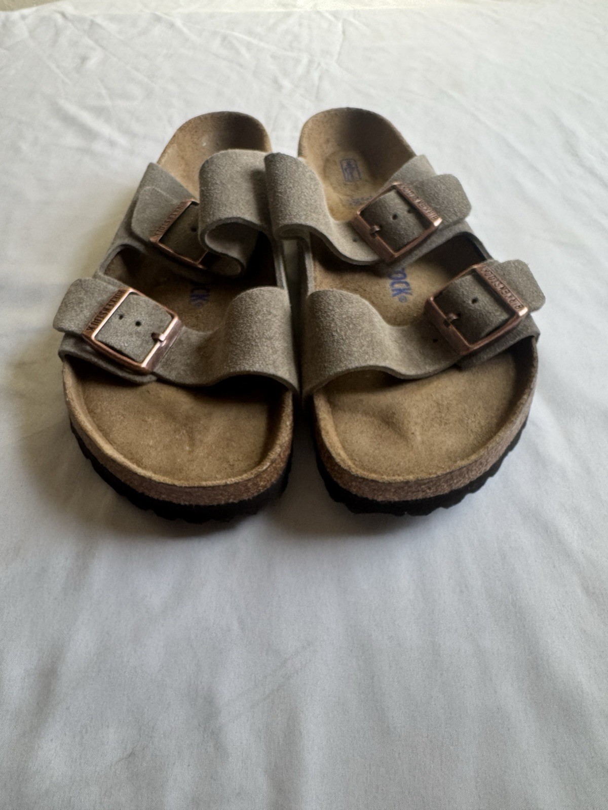 Birkenstock Arizona Suede Slide Sandals Soft Footbed Buckle Beige EU 39