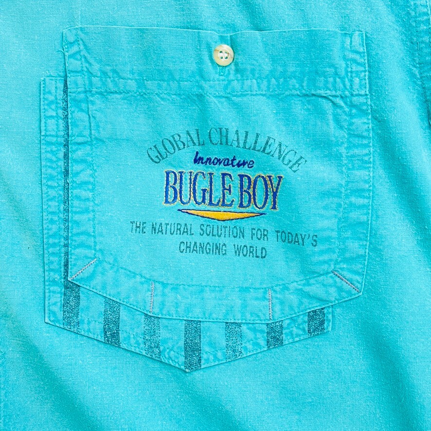Rare Vtg 90s Bugle Boy Global Challenge Shirt Mens Sz Med. Teal Chambray Cotton