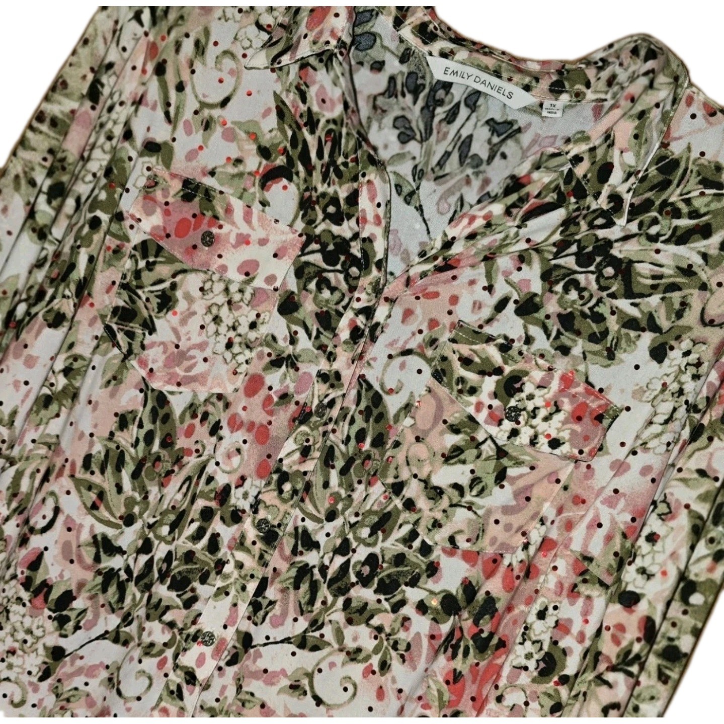 Emily Daniels Floral Blouse Roll Tab Sleeve White Green Peach Pullover Top 1X