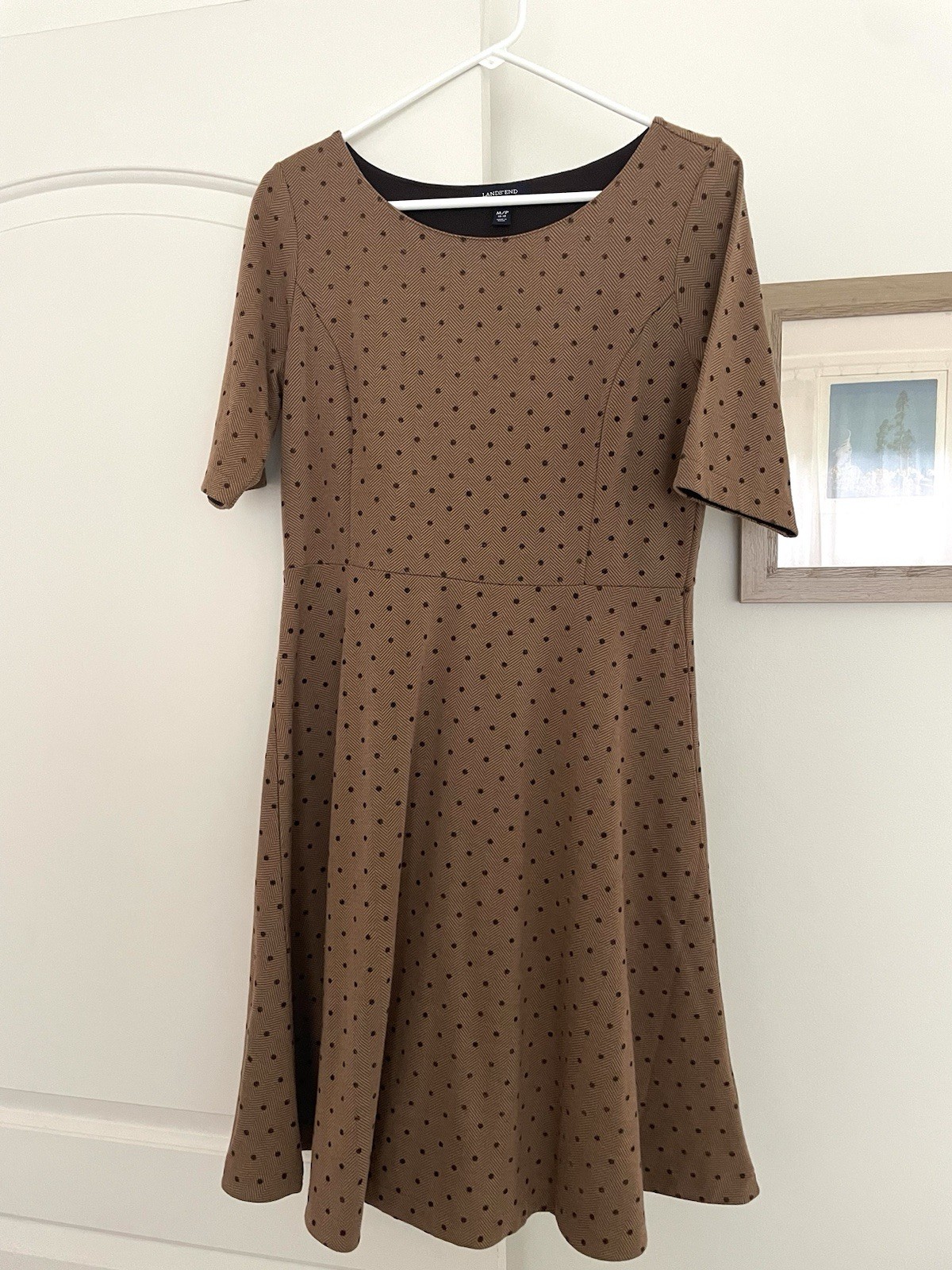 Lands’ End Women’s Brown Polka Dot/Herringbone Fit & Flare Dress MP 10-12