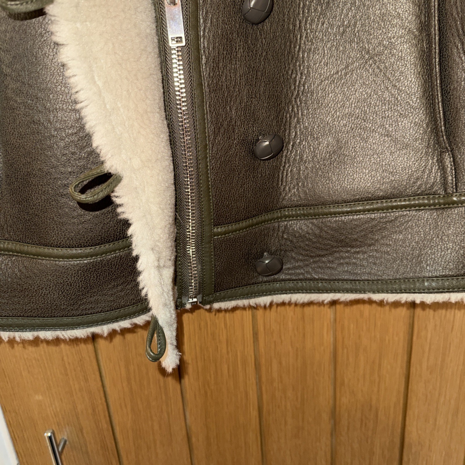 Mint Velvet Women’s Flying Jacket Size XL Faux Leather Tan with Cream Faux Fur
