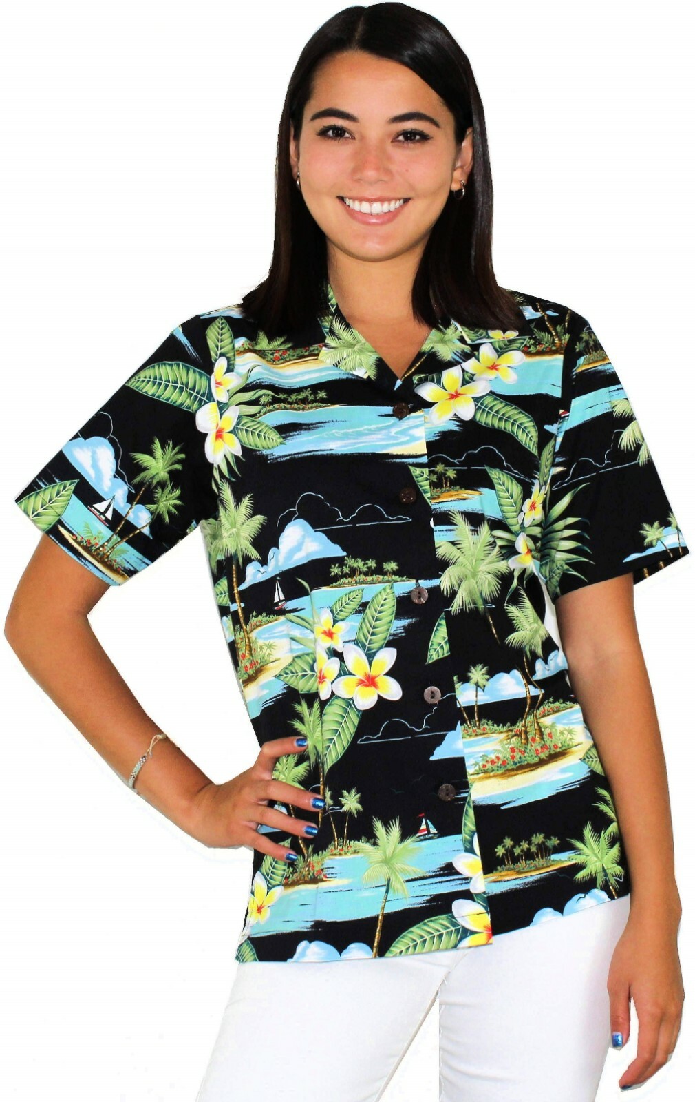 Benny’s Womens Plumeria Island Scenic Hawaiian Shirt