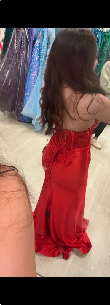 Ladivine by Cinderella Divine CM378 Red Beaded Fit & Flare Dress Slit 8