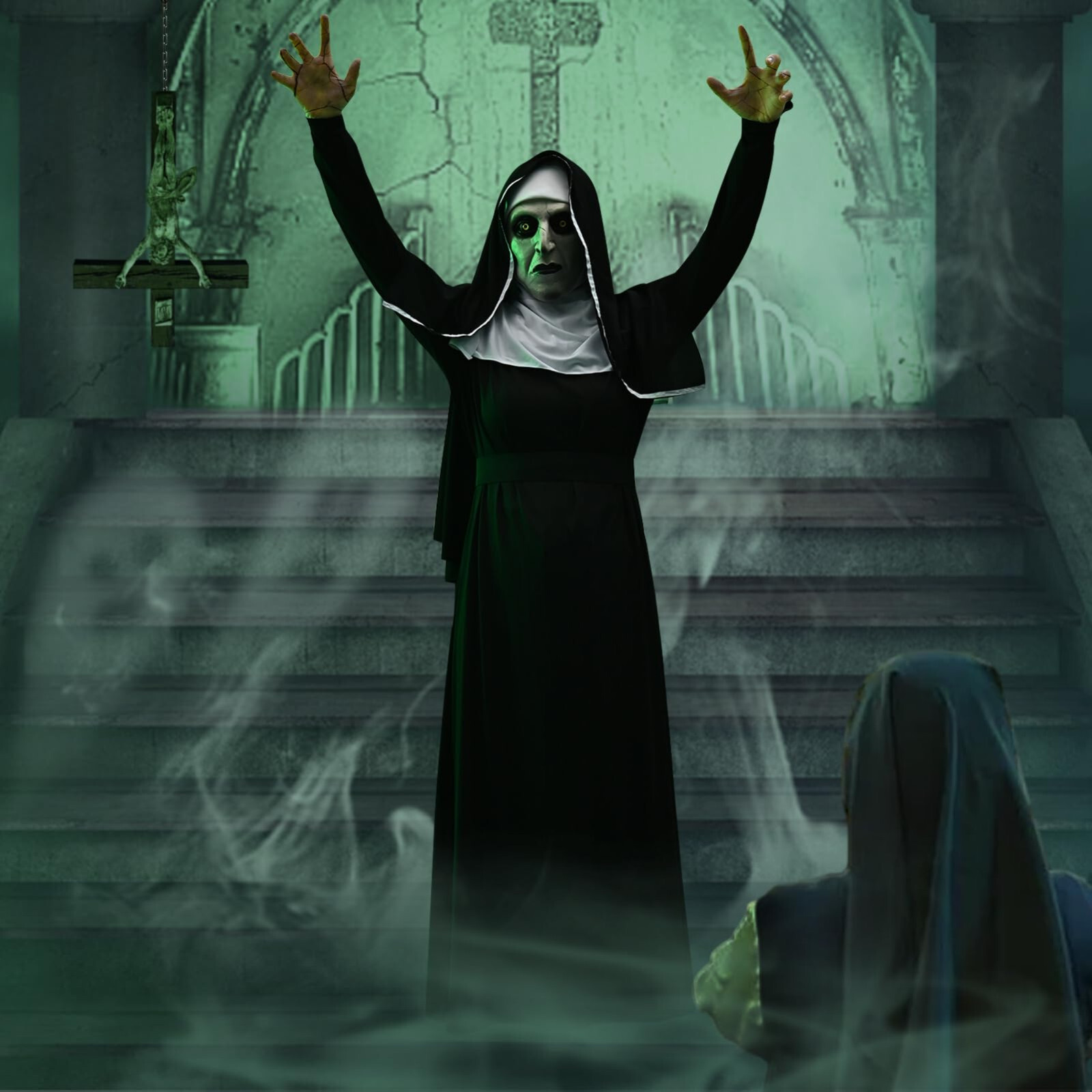Halloween Horror Scary Nun Black Robe Suit + Mask Costume Cosplay w/Hood & Cross