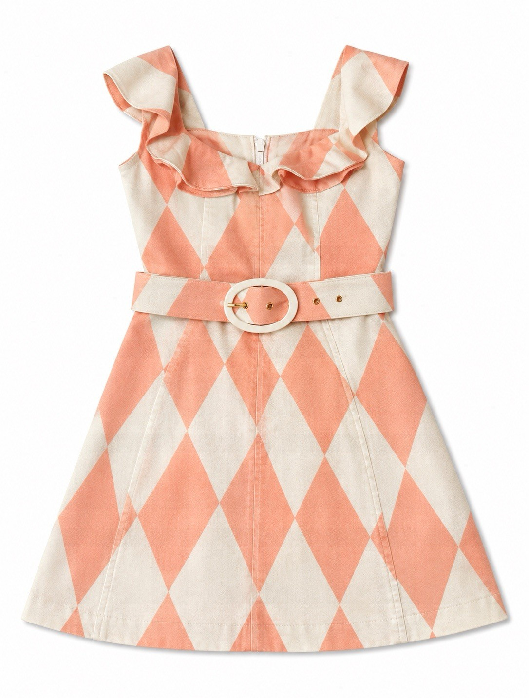 ASOS Juniors M Peach & White Harlequin Fit & Flare Short Belted Dress