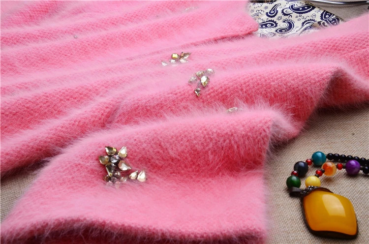 Women Thick Beading Angora Rabbit Fur Half Sleeves Slim Cardigans Sweater Coat