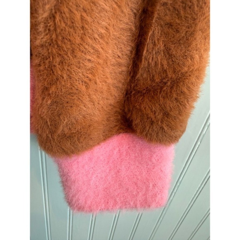 Maeve Anthropologie Brown Pink Eyelash Knit Fuzzy Colorblock Sweater Small NWOT