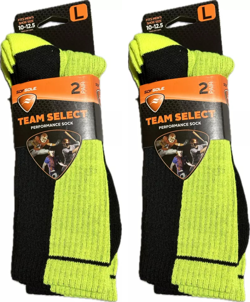 Lot 4 Pairs Men’s Team Select Socks Large Shoe Size 10-12.5 Black Neon Yellow