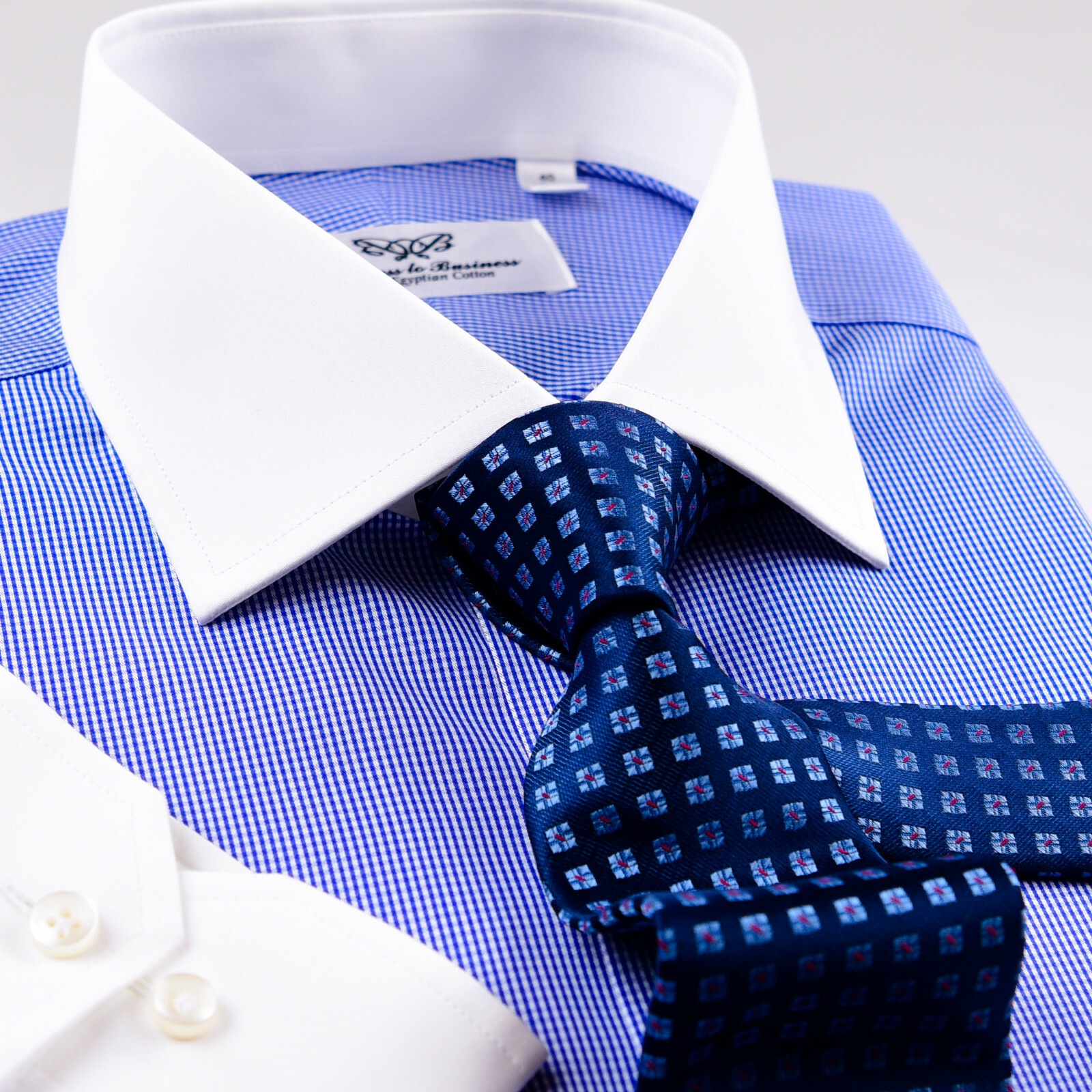 Mens Blue Gingham Contrast Double Ply 80’s Fine Wevon Formal Business Shirts